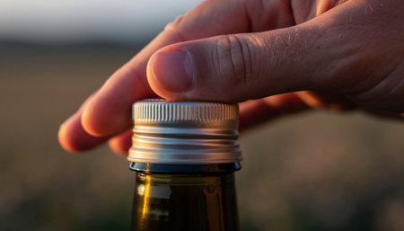 Close-up of a man's hand holding a bottle of beer.の素材