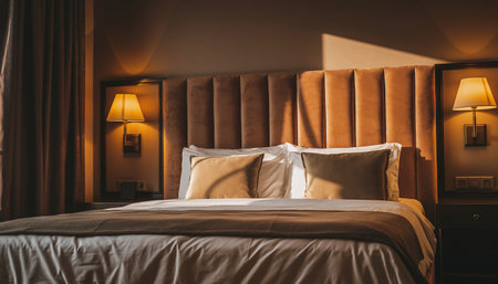Interior of a hotel bedroom with two pillows on a bedの素材