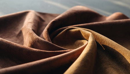 close up view of brown fabric on wooden background, textile industry conceptの素材