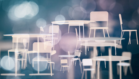 Table and chairs in a coffee shop with bokeh background.の素材