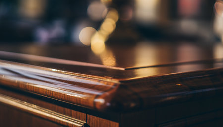 Close up of wooden table in church, shallow depth of field.の素材