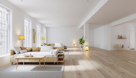 3d rendering white modern living room with wooden floor and white sofaの素材