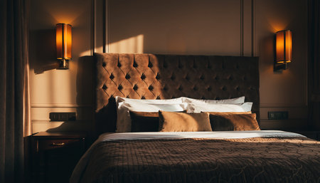 Interior of a hotel bedroom with a wooden bed and a lampの素材