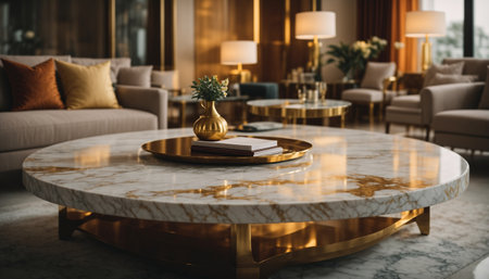 Interior of luxury living room with round marble table and gold sofa. 3d renderの素材