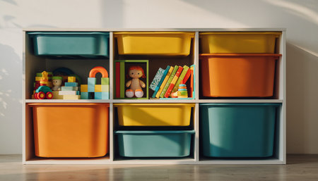colorful bookshelf with toys on white wall in kids roomの素材