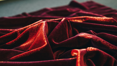 Close up of red velvet fabric texture background. Soft focus. Vintage style.の素材