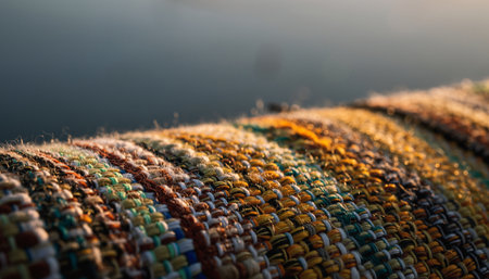 Colorful knitted fabric on the lake. Close-up.の素材
