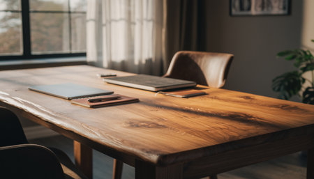 Wooden table with notebook, pen and coffee cup in modern officeの素材