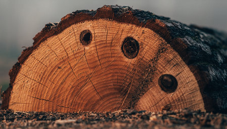 A closeup shot of a sawn tree trunk in a forestの素材