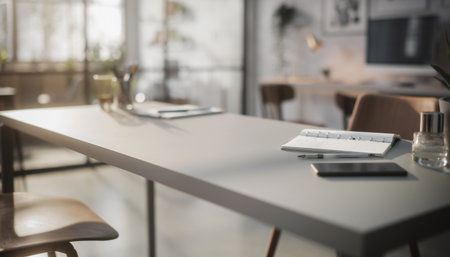 Table with smartphone and laptop in modern office. Blurred background.の素材