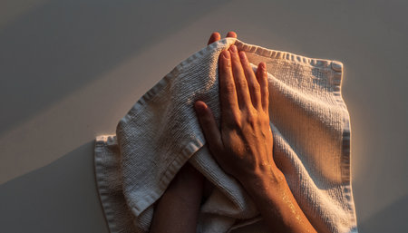 Close up of woman's hands holding a towel over white background.の素材