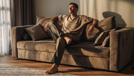 Relaxed man in pajamas sitting on sofa at homeの素材