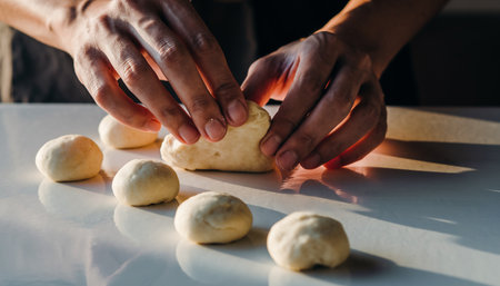 Close-up of male hands kneading dough for bunsの素材