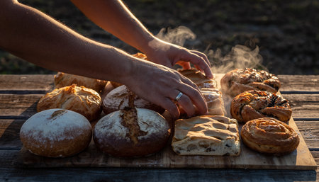 Close up of woman's hands holding freshly baked buns on wooden tableの素材