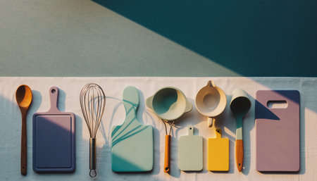 top view of kitchen utensils on grey and blue background with sunlightの素材