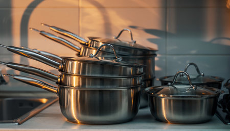 Group of stainless steel pots and pans on the stove in the kitchenの素材