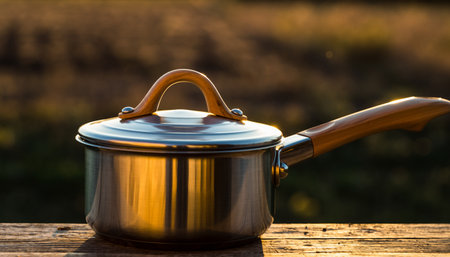 Cooking pot on a wooden table in the field at sunset.の素材