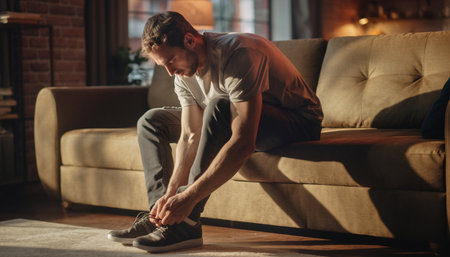 Handsome young man tying shoelaces while sitting on sofa at homeの素材
