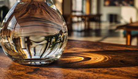 Close up of a glass decanter on a wooden table.の素材