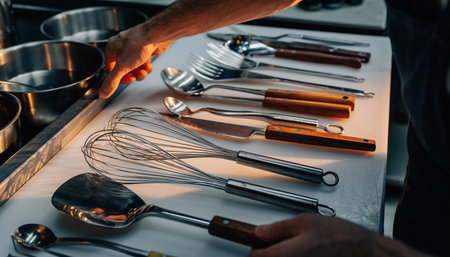 Close-up of a chef's hands holding kitchen utensilsの素材