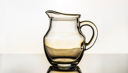 Transparent glass jug with olive oil on a white background with reflectionの素材