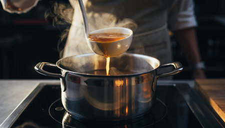 Close-up of a professional chef pouring hot tea into a potの素材