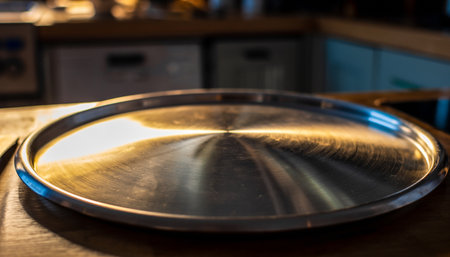 Close up of stainless steel tray on table in kitchen. Selective focus.の素材