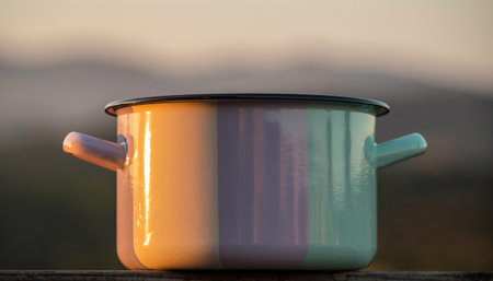 Saucepan on a wooden table against the background of the sunsetの素材