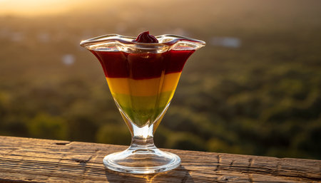 fruit jelly in a glass on a wooden table on the background of the sunsetの素材