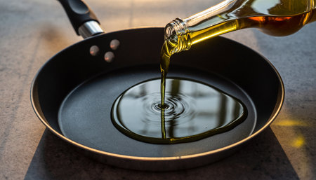 Olive oil being poured from a bottle into a frying pan.の素材