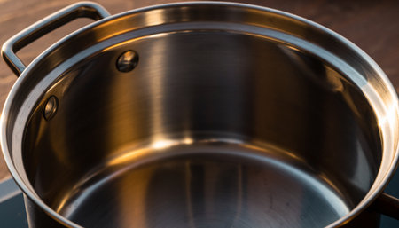 stainless steel saucepan on wooden table, shallow depth of fieldの素材