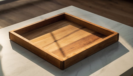 Wooden tray on white marble table with shadow from the window.の素材