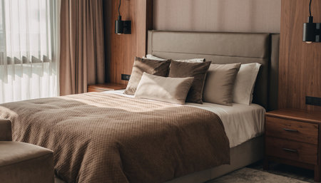 Comfortable pillow on bed decoration in bedroom interior - Vintage Light Filterの素材