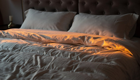 Close-up of white bedding sheets and pillows on the bedの素材
