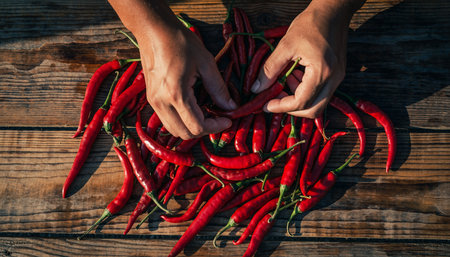 Red hot chili peppers on a wooden table in a rustic styleの素材