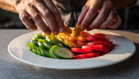 vegetables on a white plate in the hands of a chefの素材