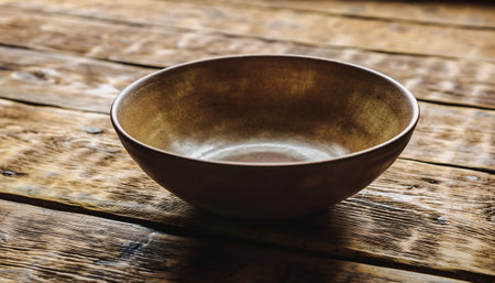 Vintage ceramic bowl on old wooden table. Selective focus.の素材