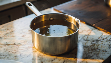 Pot with boiling oil on the stove in the kitchen, stock photoの素材