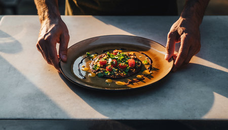 Close up of man hands holding black plate with salad on the tableの素材