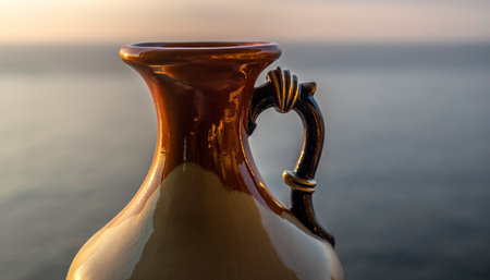 Ceramic vase on the background of the sea at sunsetの素材