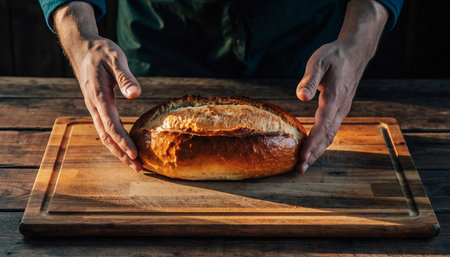 Cropped image of male hands holding fresh bread on wooden cutting boardの素材