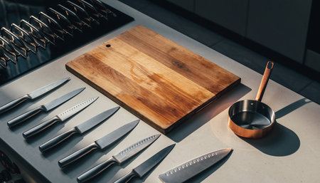 Set of kitchen knives and wooden cutting board on countertop in restaurantの素材