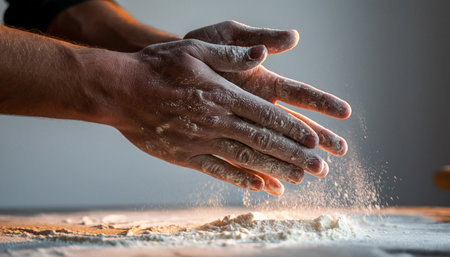 Male hands kneading dough on a wooden table with flour.の素材