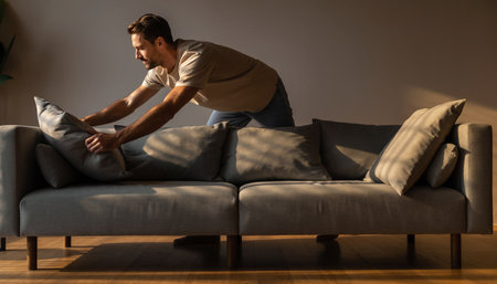 Man Stretching On Sofa At Home In The Living Roomの素材