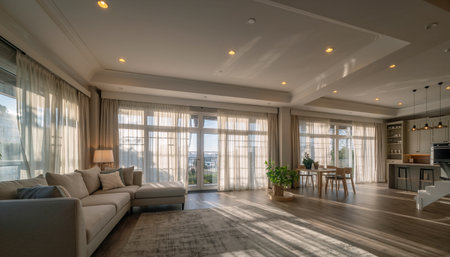 Interior of a modern living room with large windows. Nobody insideの素材