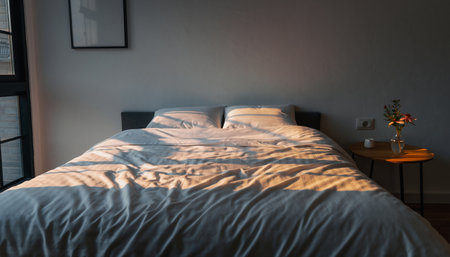 Interior of a modern bedroom with a double bed and morning sunlightの素材