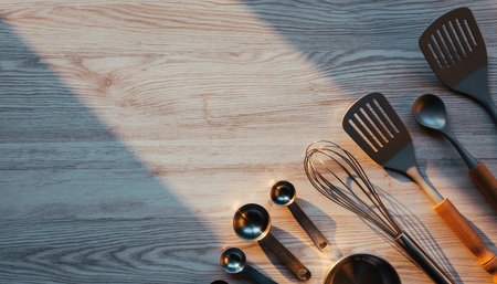 Kitchen utensils on wooden table. Top view with copy spaceの素材