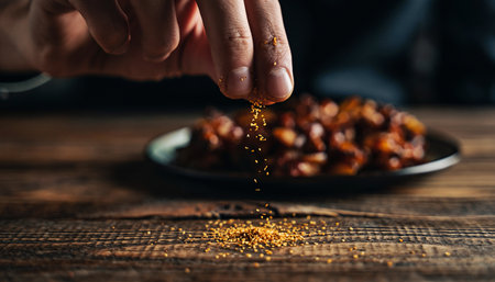 Close up of man's hand sprinkling dried dates on black plateの素材