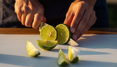 Cutting lime with a knife on a white cutting board. Selective focus.の素材