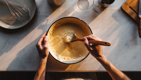 top view of man mixing dough in bowl with whisk at kitchen tableの素材